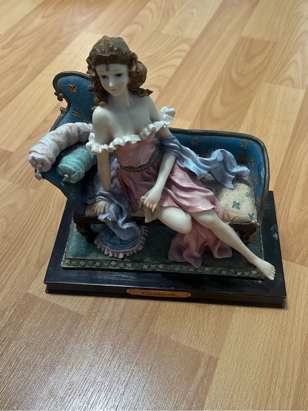 Decorative Figurine of Woman on Blue Settee - Pink & Blue Home Art